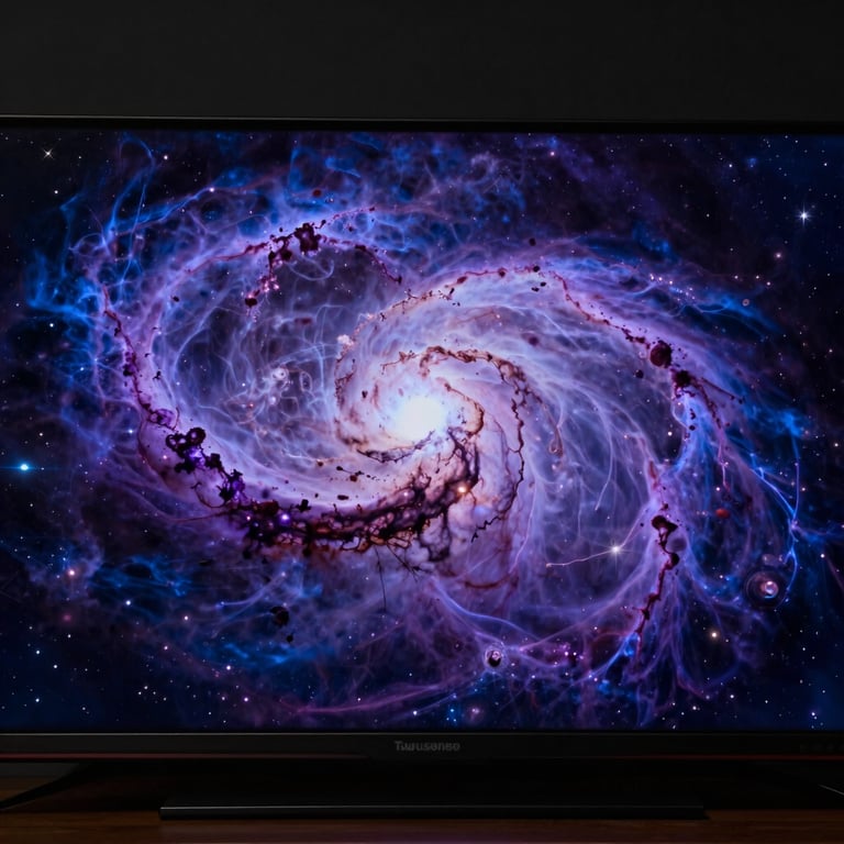 A dramatic movie scene featuring a space nebula with deep purples and soft indigo blue tones on a high-end display.