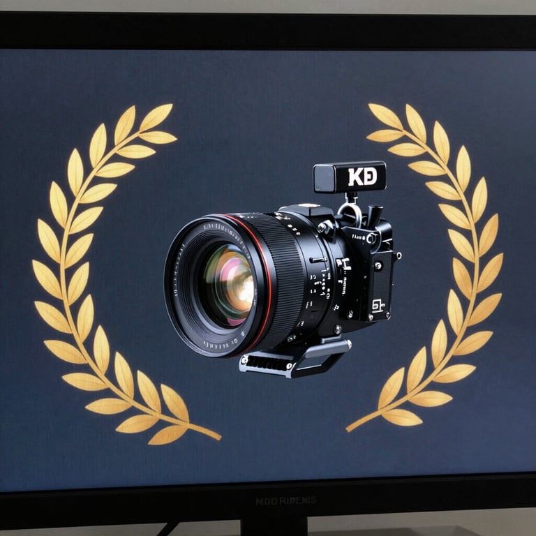 A professional news studio setup seen through a screen, with a clean and modern digital background in dark slate blue.