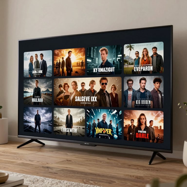 A sleek television interface showing a grid of premium movie thumbnails in an elegant, modern home setting.