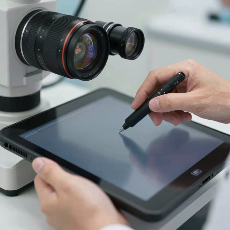 Close-up of a medical professional's hands using a high-tech ocular tablet interface.