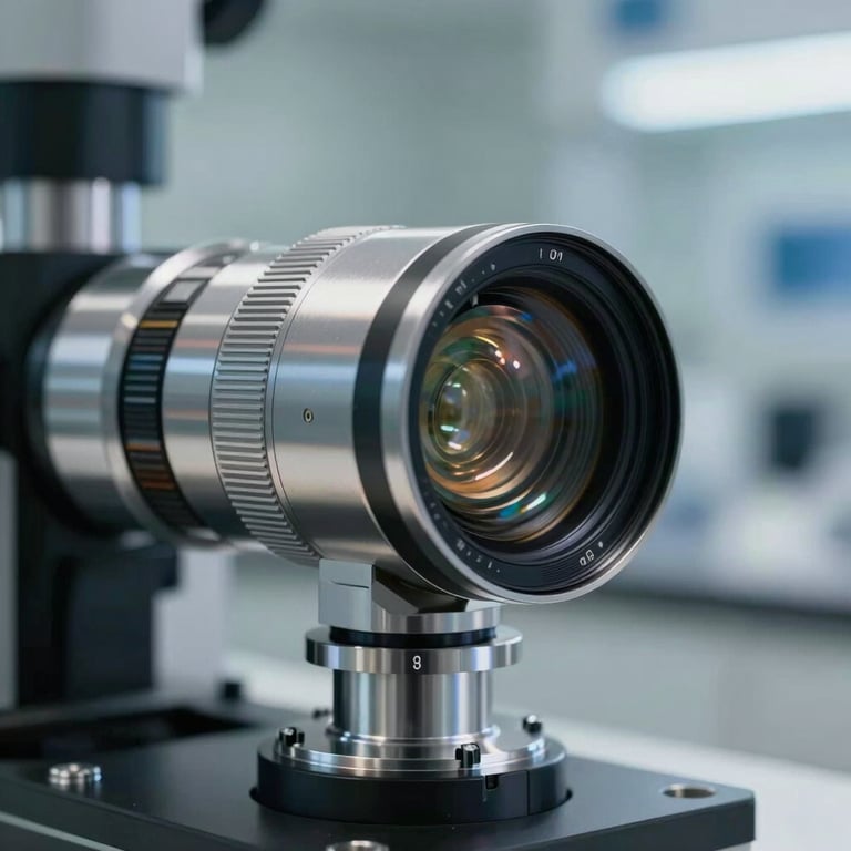 Macro shot of a high-precision optical lens in a clinical laboratory environment.