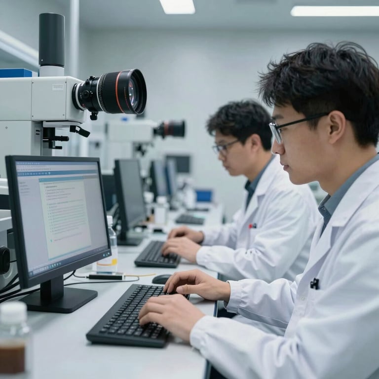 Professional researchers in a clean room setting working on medical software innovation.