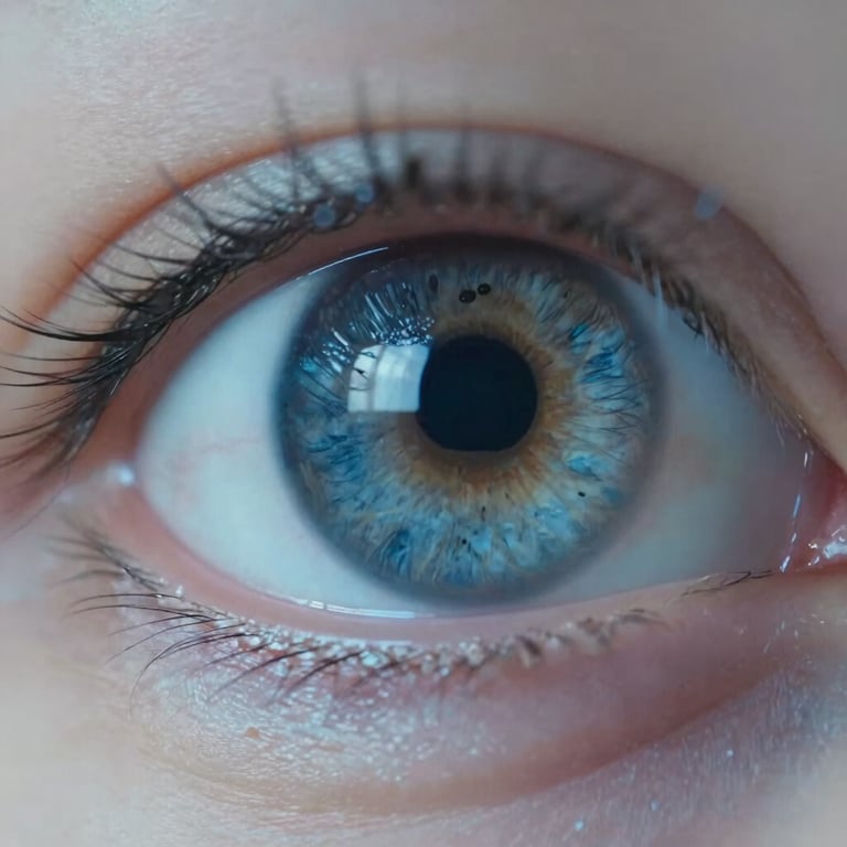 Abstract professional photography of a human iris under clinical lighting with blue tones.