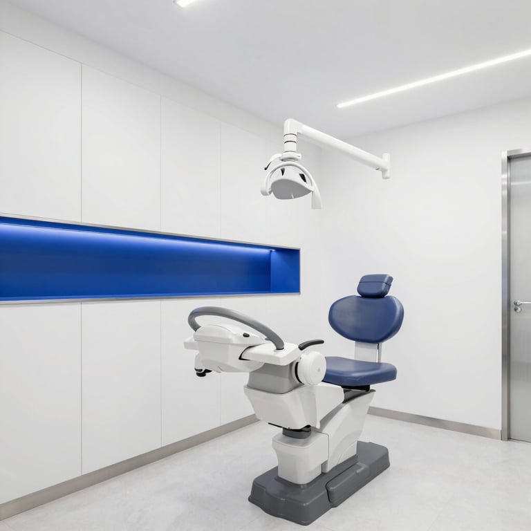Modern eye clinic interior in Madrid with clean white walls and steel blue accents.