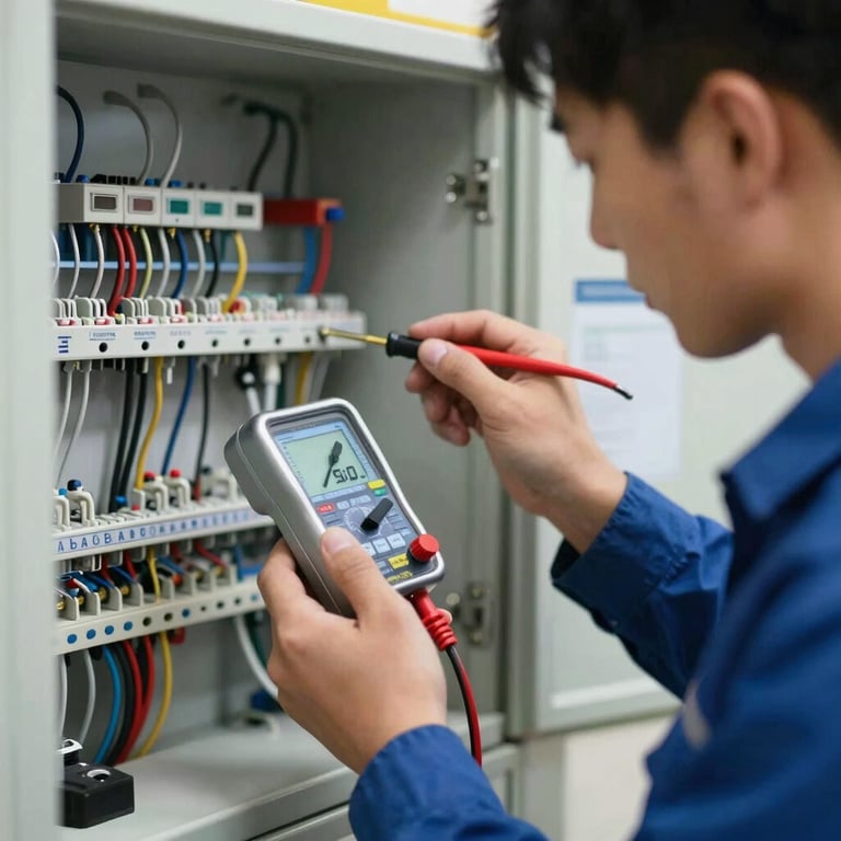 A licensed electrician using a silver voltmeter to test a circuit, showcasing precision and safety expertise.