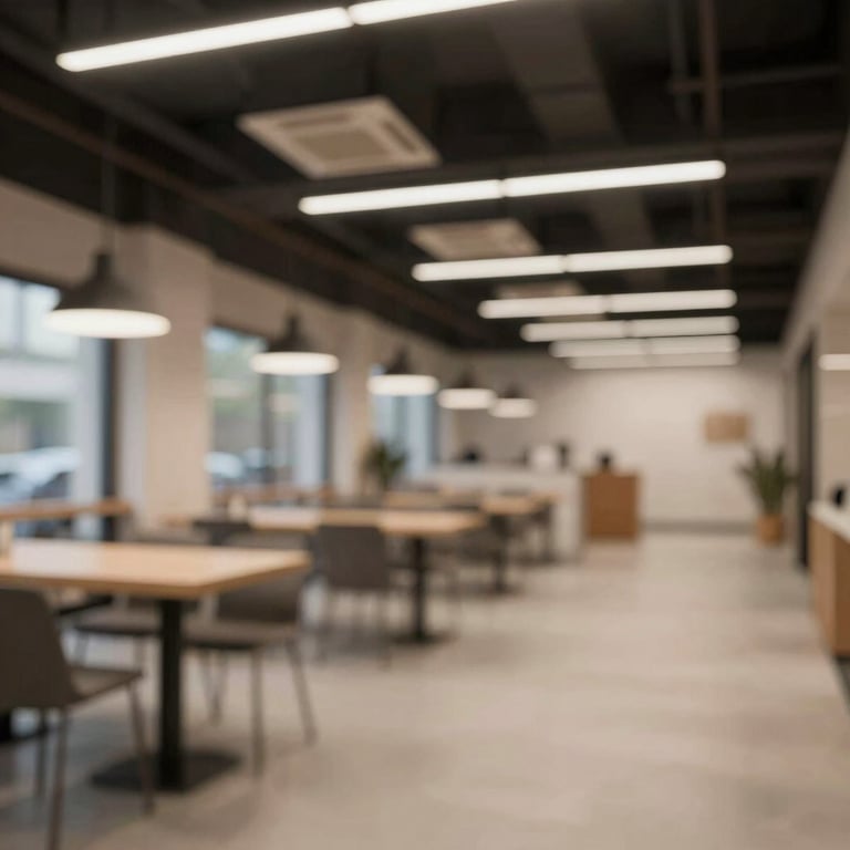 Interior shot of a newly remodeled commercial space with architectural lighting installed by licensed electricians.