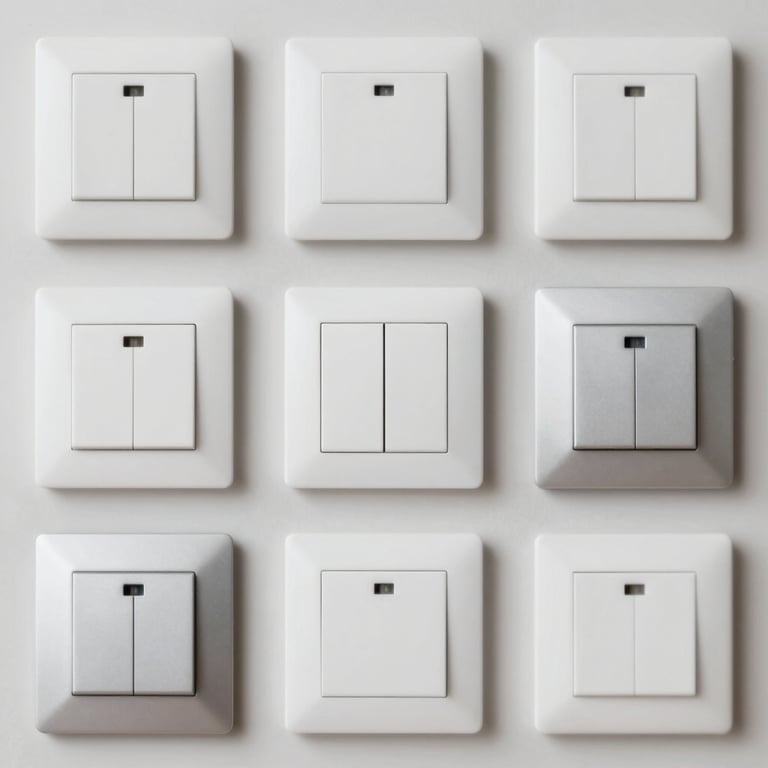 A montage of clean, modern light switches and silver fixtures installed in a high-end residential kitchen.