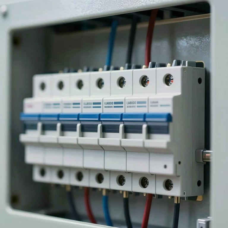 Close-up of a high-tech circuit breaker panel, neatly labeled and expertly wired, reflecting the brand's commitment to quality.