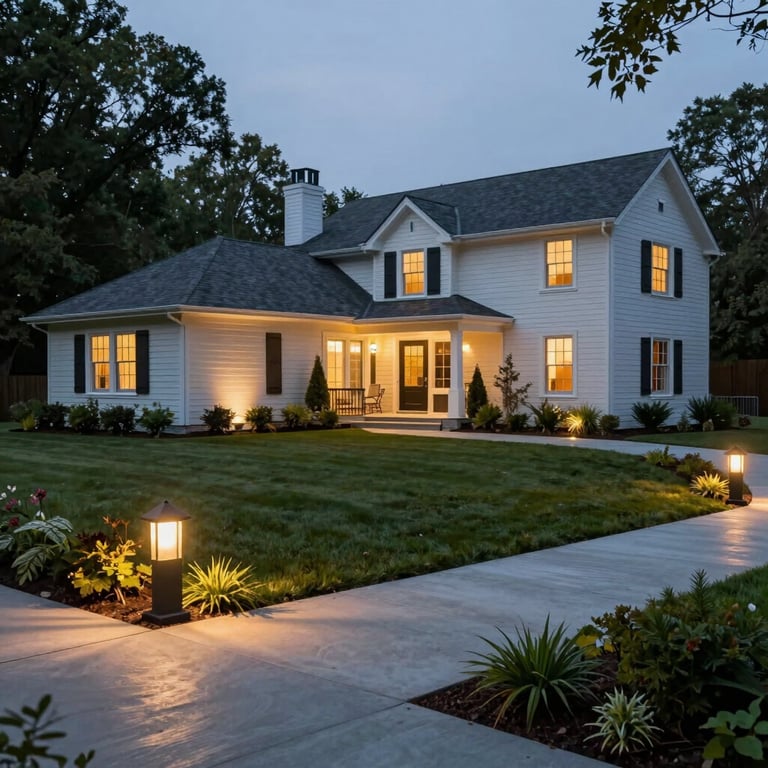 A wide shot of a professionally installed modern outdoor lighting system on a Connecticut estate, dusk lighting, emphasizing reliability and aesthetics.