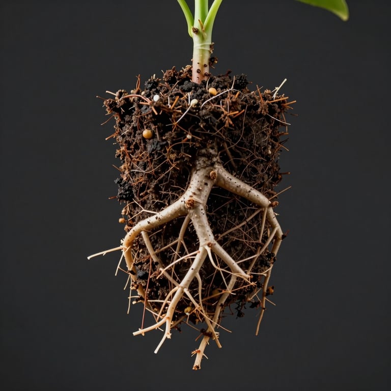 Detail of a sturdy root system of a seedling being transplanted, demonstrating vitality and growth potential.