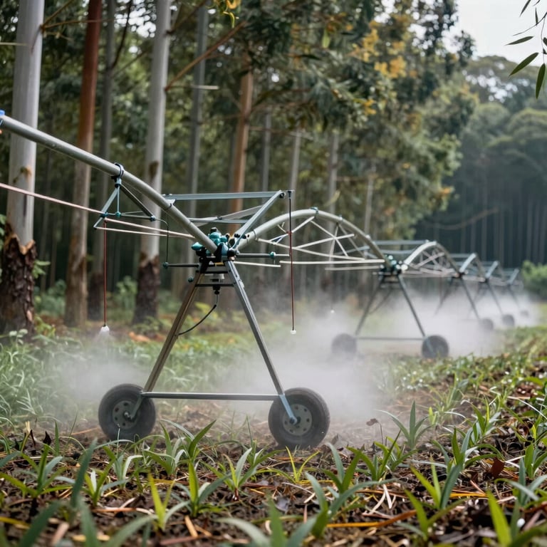 A series of high-tech irrigation systems misting over rows of young eucalyptus plants in a professional forest nursery.