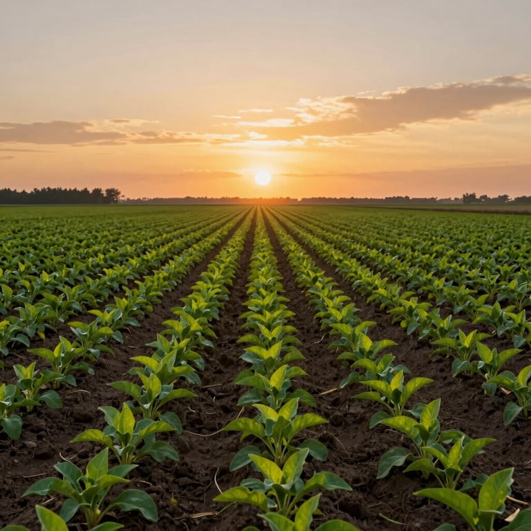 Rows of vibrant green seedlings stretching towards the horizon under a golden sunset in a rural landscape.