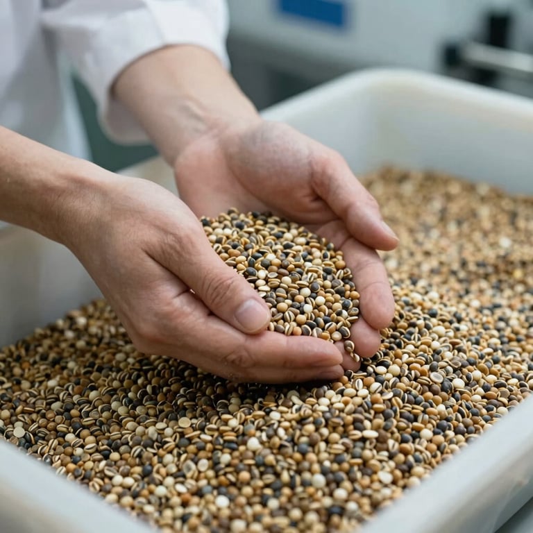 Hand-sorting of premium seeds in a clean, laboratory-like environment, emphasizing quality and care.