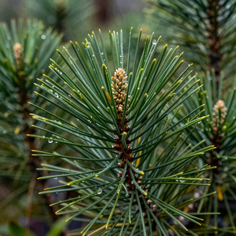 Macro shot of healthy Pinus needles with tiny water droplets in a South American nursery setting, soft green palette.