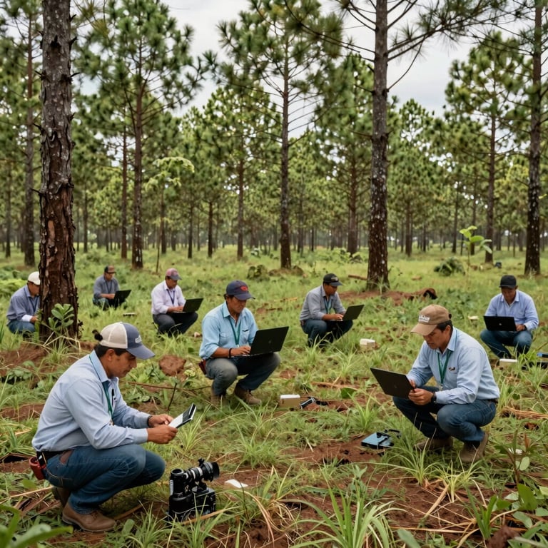 Professional staff in the field, South American style, monitoring growth metrics in a vast pine plantation.