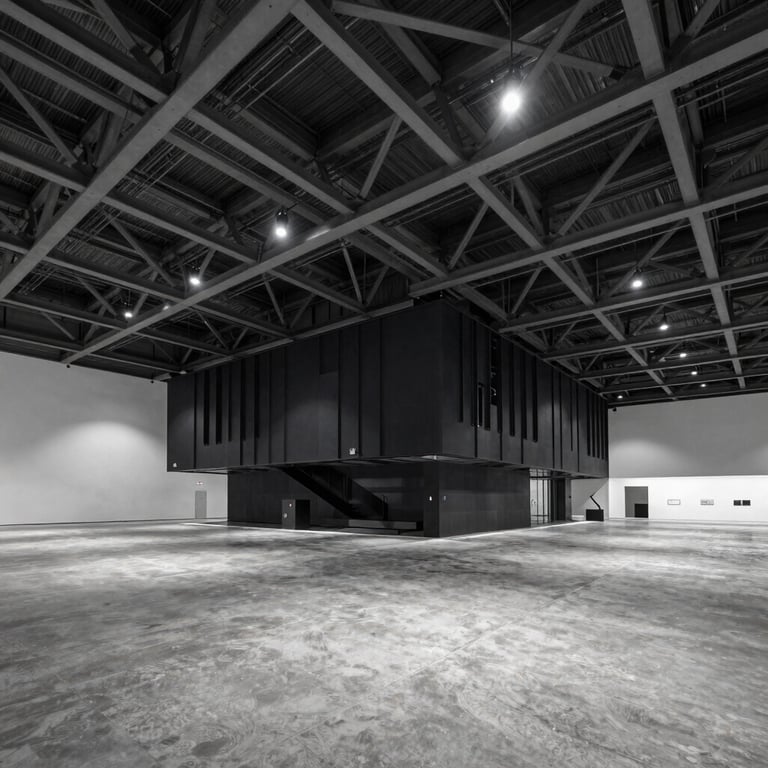 Architectural interior of a massive modern exhibition hall in Jakarta, dramatic high-contrast lighting, cool industrial steel beams, expansive concrete floor, sharp editorial composition.