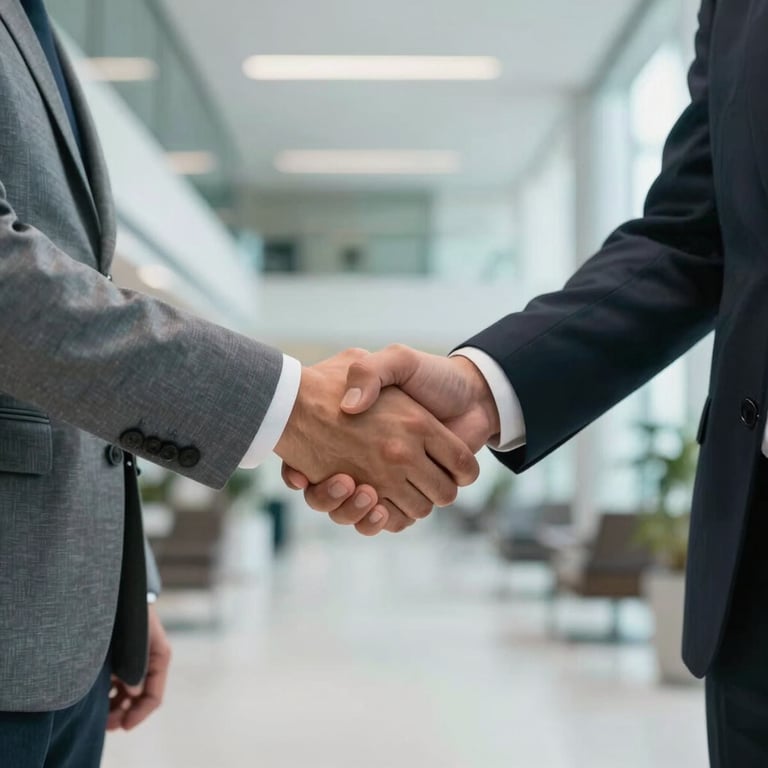 A firm professional handshake between two business people in a modern Brazilian corporate lobby with light gray and teal tones.