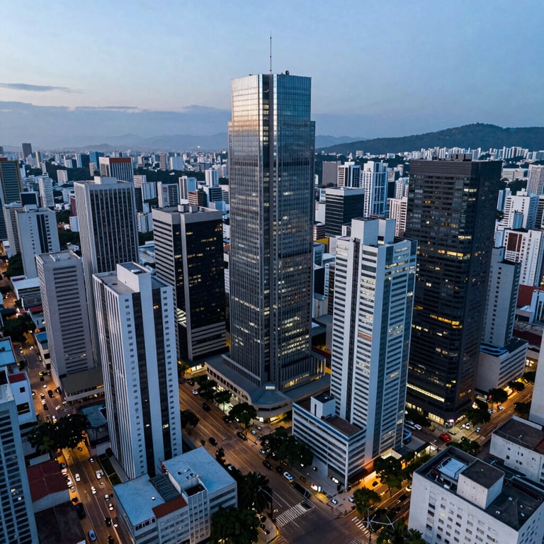 Aerial view of a bustling Brazilian business district at dawn, captured in professional photography style with cool steel blue tones.