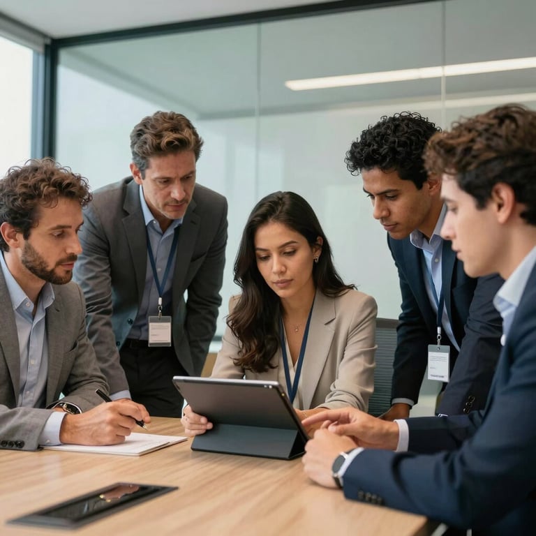Group of South American professionals in Brazil collaborating around a digital tablet in a bright, modern glass-walled conference room.