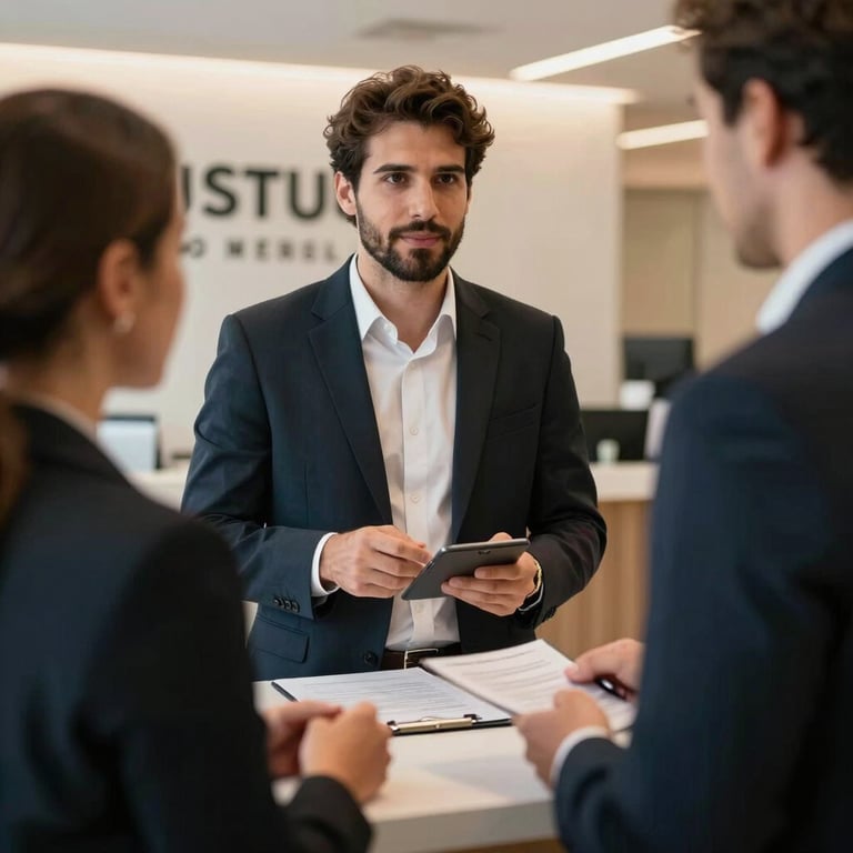 Detail of a successful commercial transaction in a high-end Brazilian establishment, focusing on the professional interaction and modern setting.