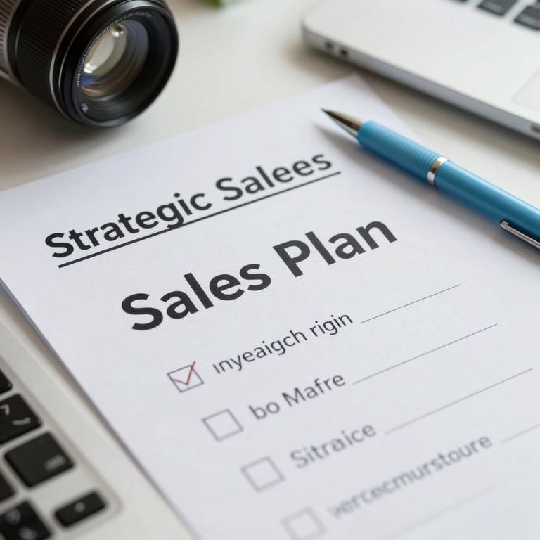 Close-up of a strategic sales plan on a sleek desk with light blue pens and professional stationery, high-key lighting.