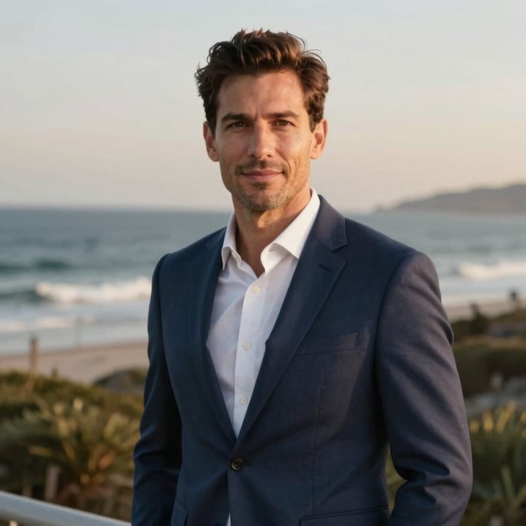 Professional portrait of a male real estate principal in a navy blazer, looking confident, warm coastal background, soft natural lighting