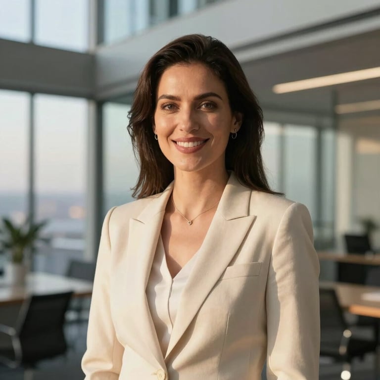 Professional portrait of a female development advisor in a cream blazer, smiling, modern architectural office background, soft sunset light