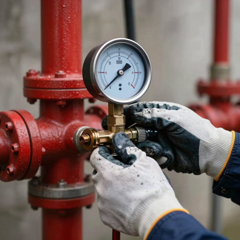 A technician's hands in gloves checking a professional water pressure gauge on a red fire system pipe.