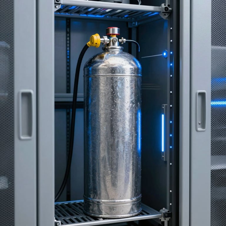 Steel fire suppression canisters in a clean, high-tech server room with blue accent lighting.