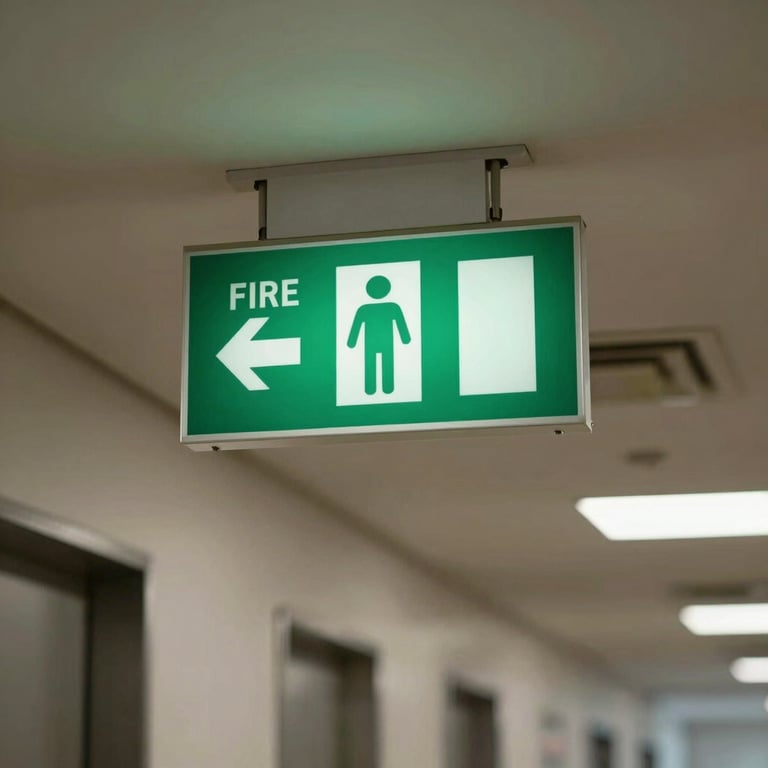 A clear, professional fire safety exit sign in a well-lit commercial hallway, showcasing modern facility management.
