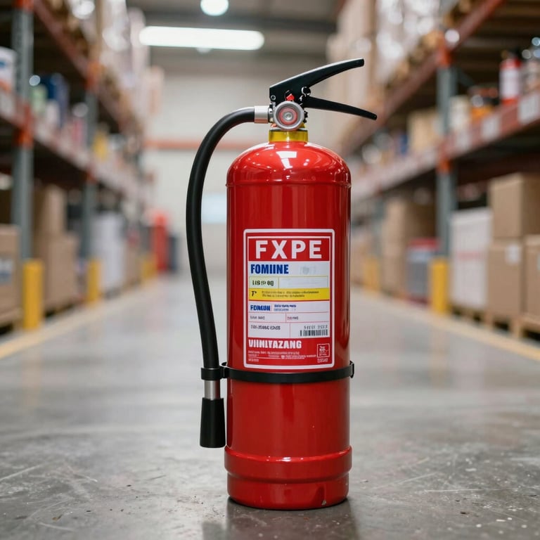 Professional maintenance of a red fire extinguisher in a modern North American warehouse setting with bright, even lighting.