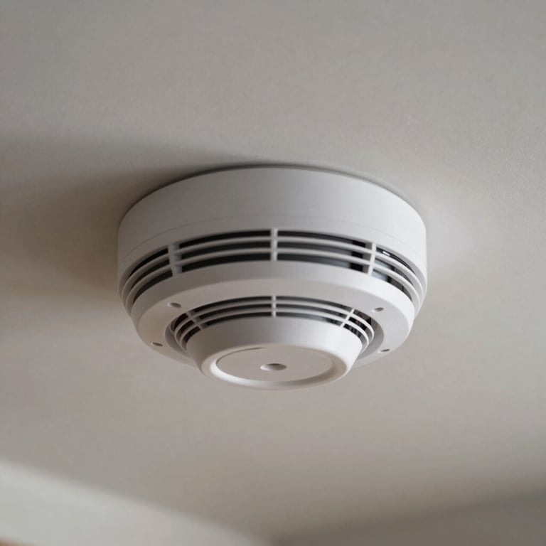 Close-up of a sleek, white smoke detector installed on a contemporary ceiling in a North American apartment.