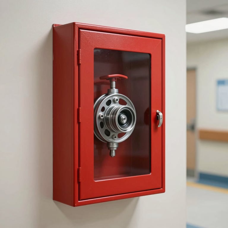 A clean, wall-embedded red fire hose cabinet in a modern North American hospital corridor.