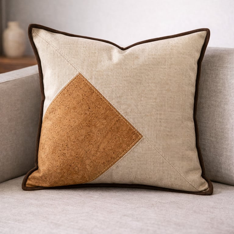 Modern decorative throw pillow with geometric cork and linen fabric panels on a gray sofa.
