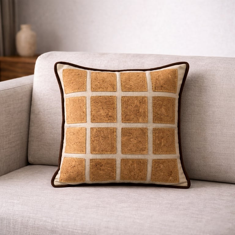 Handmade decorative throw pillow with cork patch grid design on a modern beige sofa.