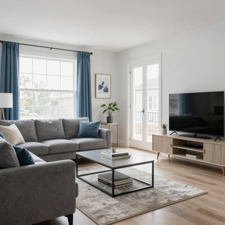 A modern North American / US living room that is bright and airy, showing a bug-free, clean space, Soft Steel Blue accents.