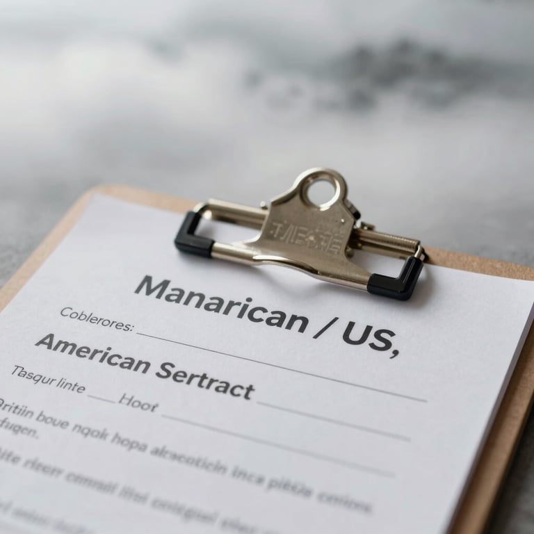Close-up of a professional service contract on a clipboard, Cloud Mist background, North American / US home setting.
