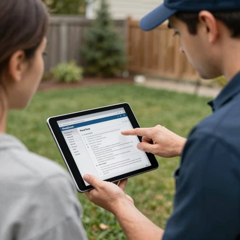 Technician pointing to a tablet showing a pest-free report to a customer in a North American / US backyard, professional interaction.