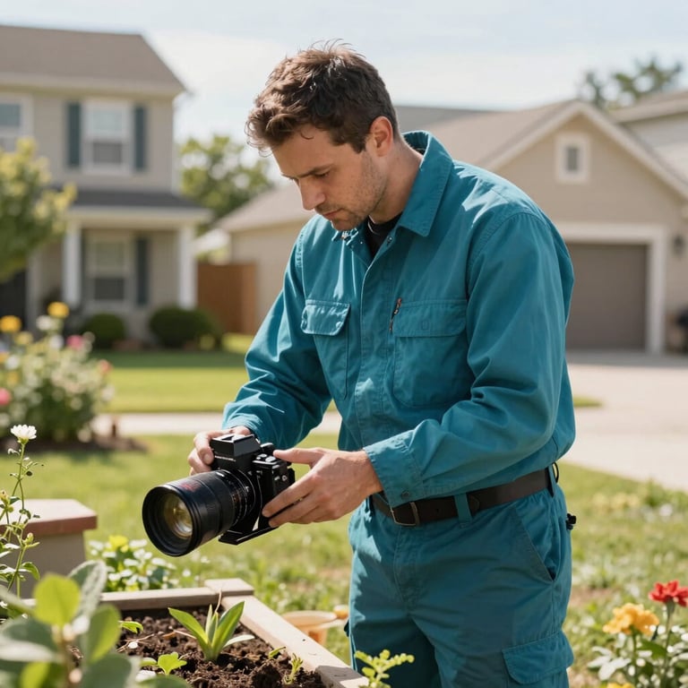 Technician inspecting a North American / US suburban garden, wearing Deep Sea Teal gear, bright daylight photography.