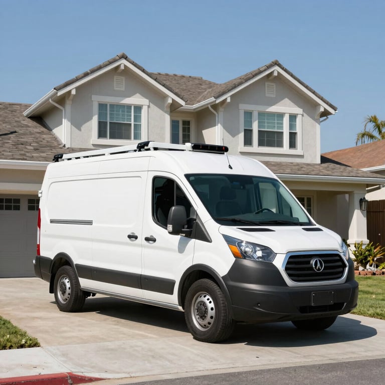 A professional pest control van parked in front of a Lemoore, California style house, midday sun, clean and efficient look.