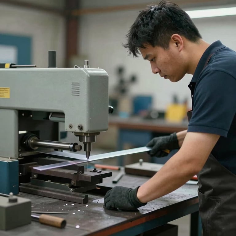 Interior view of the workshop showing professional machinery used for precise zinc folding and cutting.