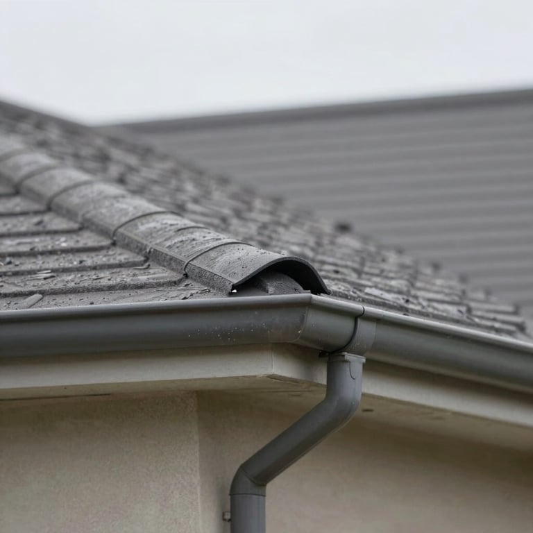 Section of a residential roof showing newly installed rain gutters with perfect alignment and sealing.