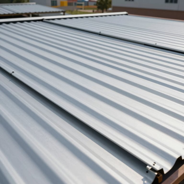 Installation of large corrugated zinc sheets on a warehouse roof, showing the robust nature of the material.