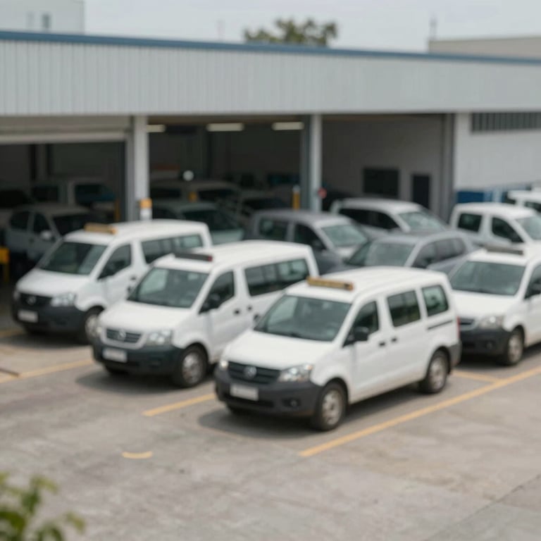 A fleet of service vehicles parked in front of the workshop, symbolizing a decade of professional service.