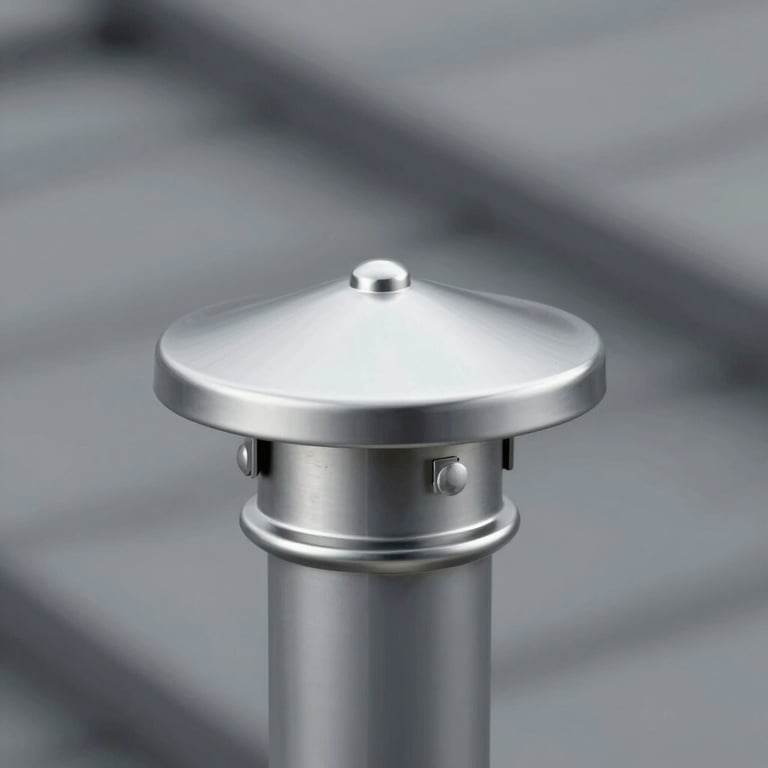 Detail of a custom-made zinc chimney cap with a clean, professional finish, featuring #90A4AE tones.