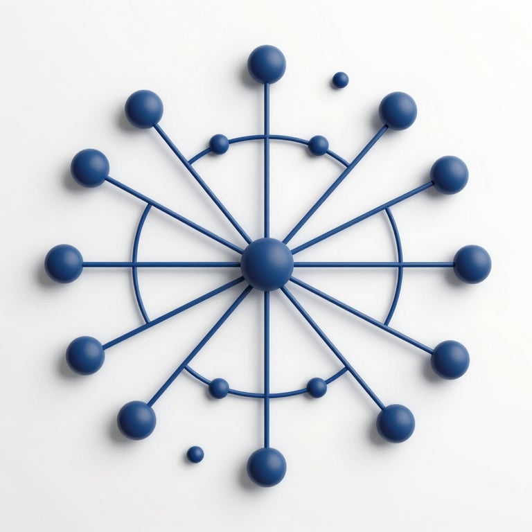 Abstract vector network schematic showing structured nodes and clean data flows, high contrast, dark blue ink on white background, clinical precision.