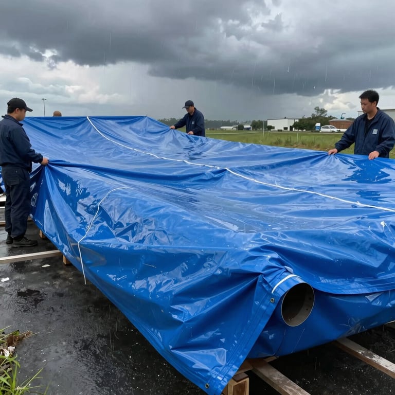 Emergency weatherproofing process with a heavy-duty blue tarpaulin being secured by professionals during a storm.