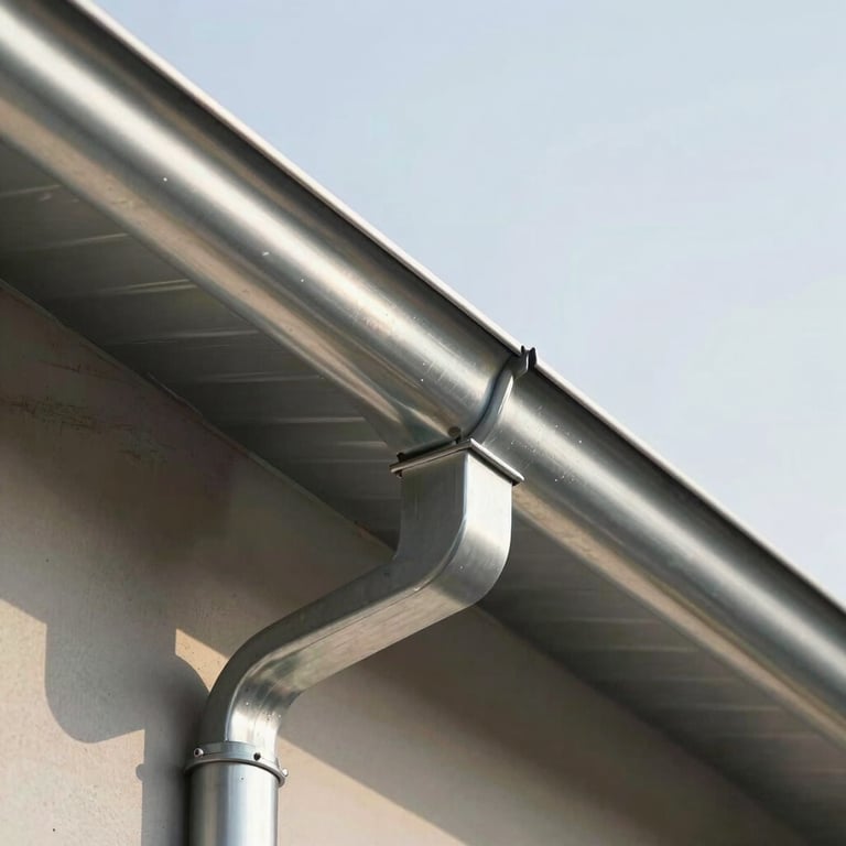 A newly installed zinc gutter reflecting the light, showing clean craftsmanship and modern materials.