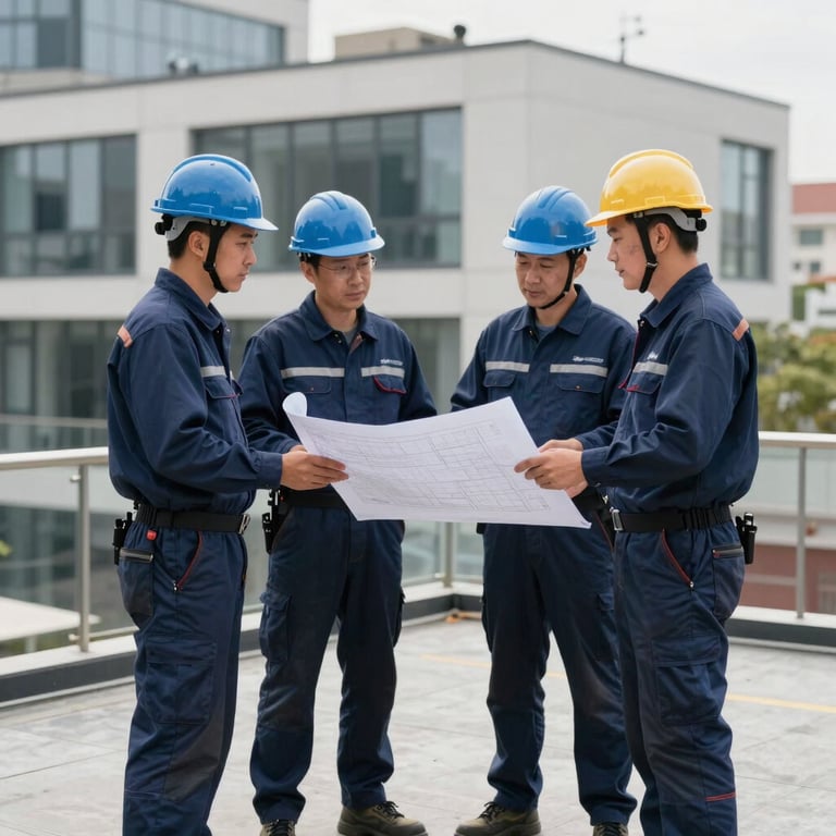 A team of roofers in professional dark blue uniforms discussing a project in front of a modern building.