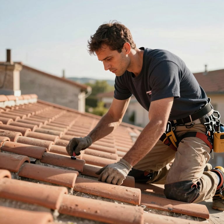 A roofer inspecting terracotta tiles on a sunny afternoon in France, looking focused and professional.